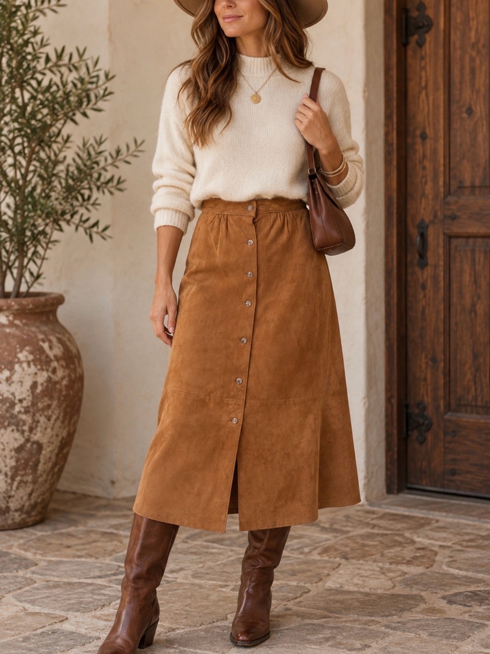 Vintage Joan Lober Santa Fe Suede Midi Skirt Brown Western Button Front 9/10